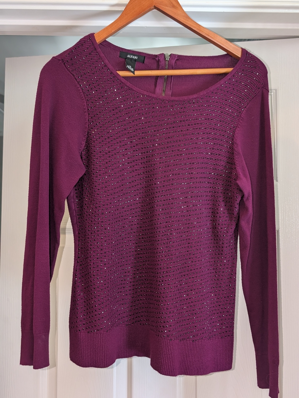 Alfani Plum Long-Sleeve Knit Top with Shimmering Detail